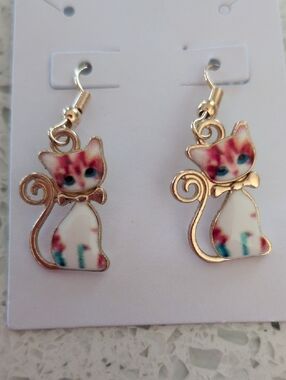 Gold Cat Drop Earrings - Pink & White Cat Design